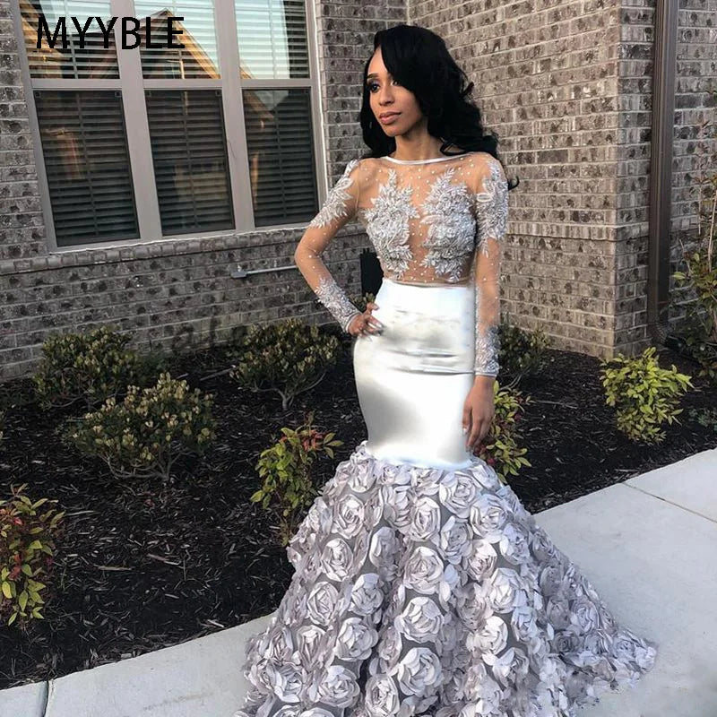 Silver African mermaid evening dress with pink flowers, long sleeves, –  LADYLYS