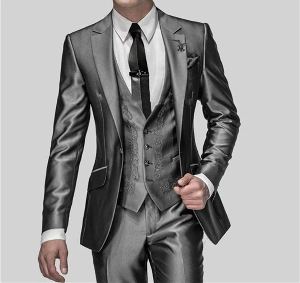 Costumes pour hommes gris brillant avec broderie, ensembles de blazer 3 pièces (veste + pantalon + gilet)