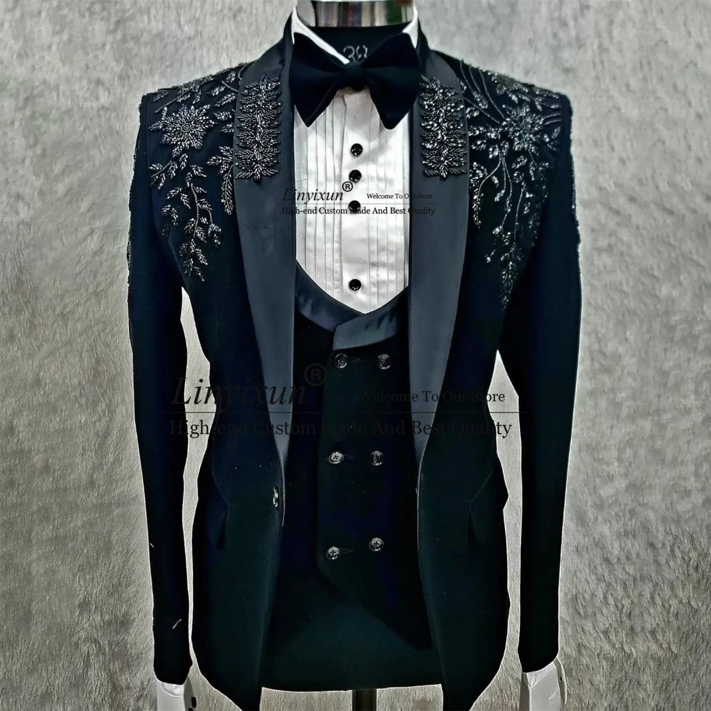 Costume de luxe pour homme, broderie noire, perles, châle, revers, smoking de mariage, 3 pièces