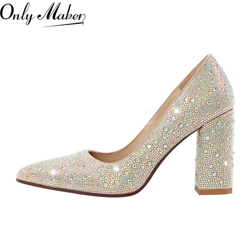 Onlymaker femme bout pointu strass talon épais pompes sans lacet talon épais