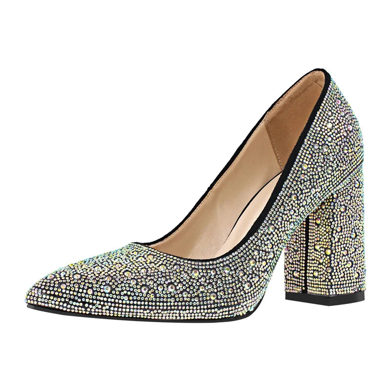 Onlymaker femme bout pointu strass talon épais pompes sans lacet talon épais