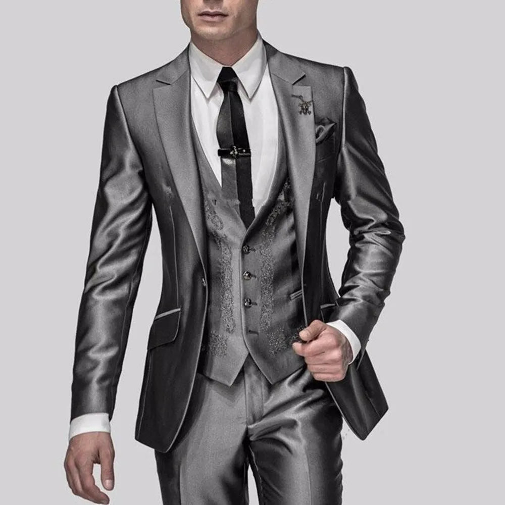 Costumes pour hommes gris brillant avec broderie, ensembles de blazer 3 pièces (veste + pantalon + gilet)