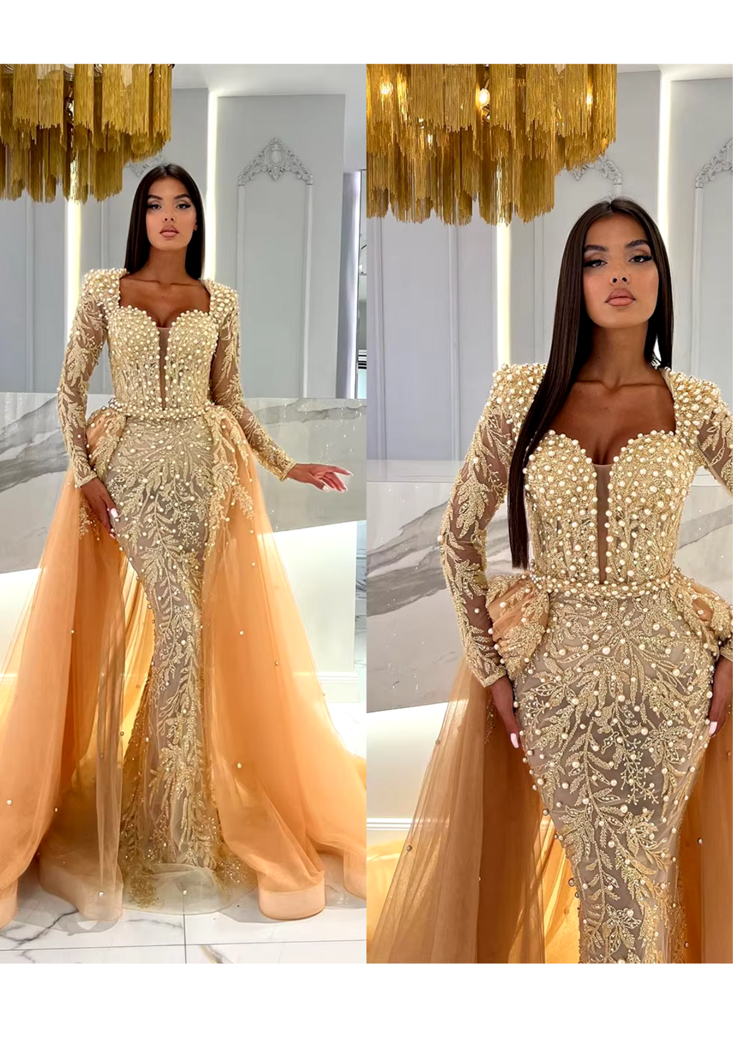 Robe de soirée à la mode sirène pour occasion formelle chérie en dentelle perlée appliques en tulle robe détachable