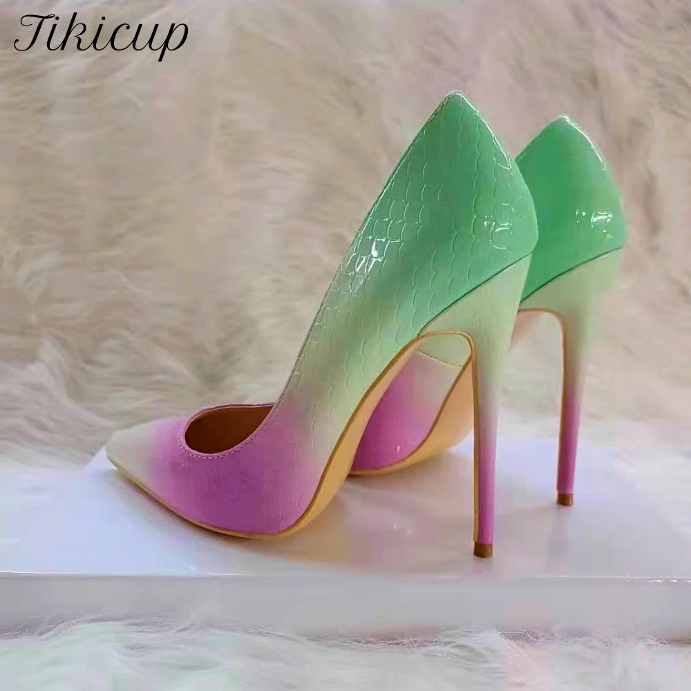 Tikicup dégradé menthe rose femmes effet Crocodile bout pointu chaussures à talons hauts Sexy taille 33 43 44 45