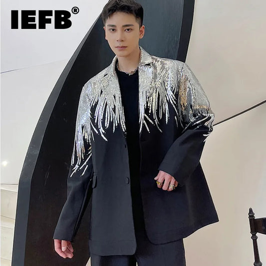 IEFB – Blazer brodé à paillettes pour hommes, tendance, décontracté, à la mode, coupe ajustée