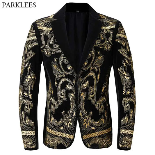 Veste de costume en velours baroque à un bouton pour homme, veste de luxe à broderie florale dorée noire, revers en pointe