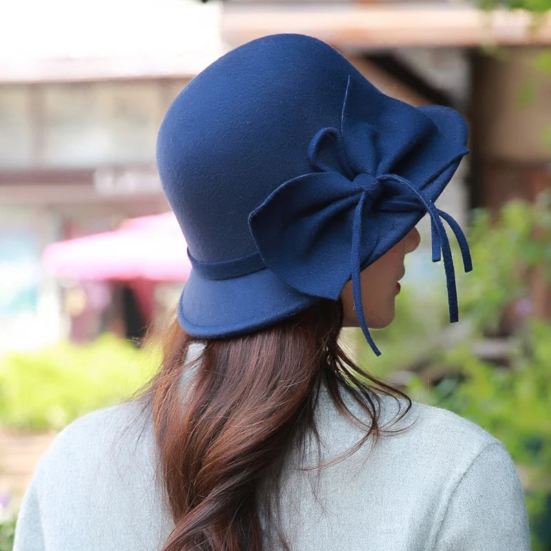 Chapeau haut de forme plat en laine pour femme, automne et hiver, Fedora à large bord en feutre