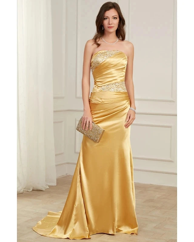 Robe de soirée élégante en satin doré à manches longues et perles