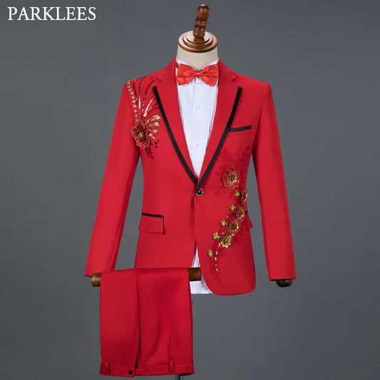 Costumes pour hommes à fleurs diamant 3 pièces Blazer + pantalon + nœud papillon