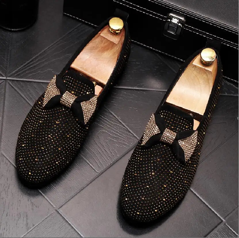 Rivets chaussures pour hommes Mocassins à nœud papillon Diamant noir Strass Pointes