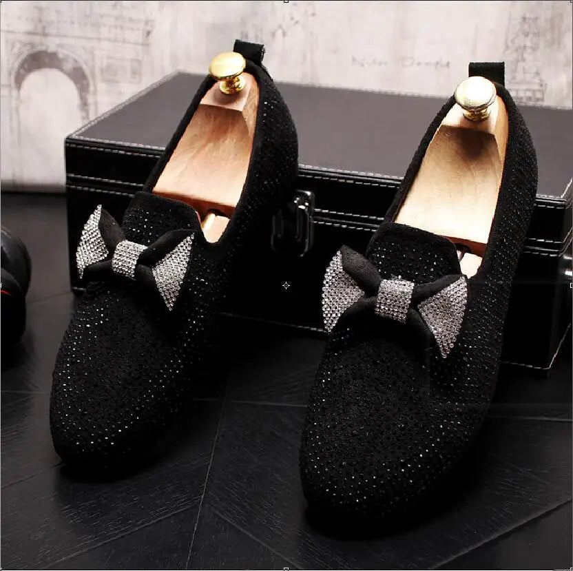 Rivets chaussures pour hommes Mocassins à nœud papillon Diamant noir Strass Pointes