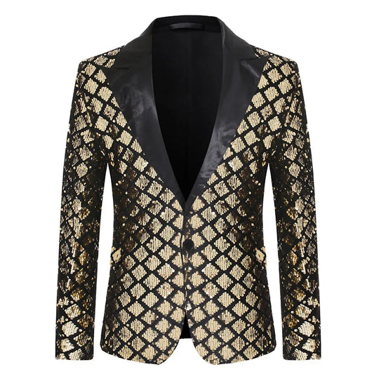 Blazer à carreaux à paillettes argentées/ dorées pour hommes, mode Slim Fit, costume à un bouton, blazer