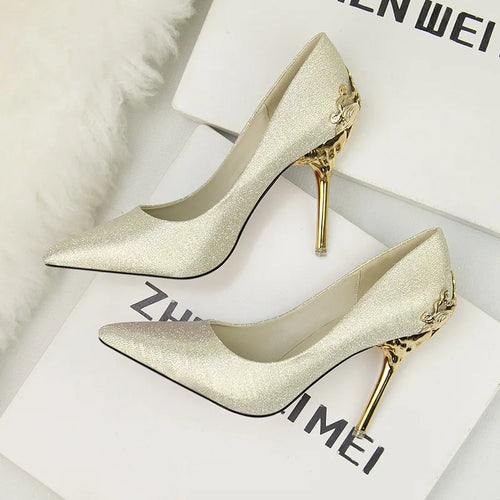 Carved Metal Heels Wedding Elegant Women Pumps Solid Flock/PU LADYLYS