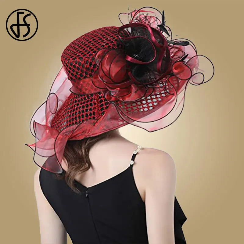 FS Fascinator Chapeaux Mariage Mariée Kentucky Derby Chapeaux Fleur Grand Large Bord Fedora Organza