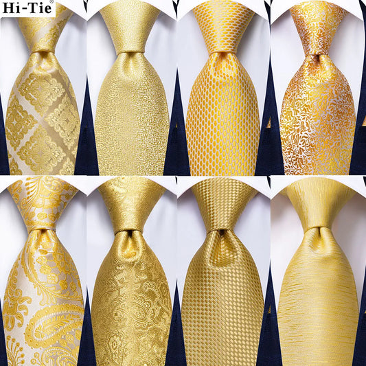 Hi-Tie luxe jaune or Plaid Paisley soie mariage cravate pour hommes