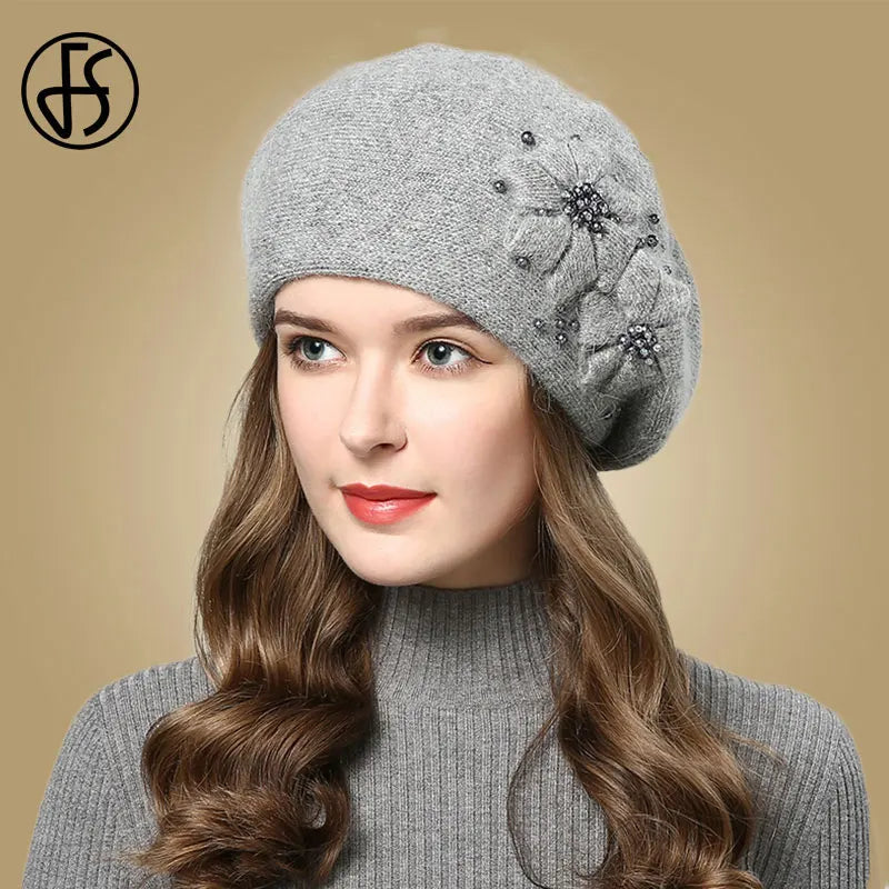 FS Lapin Bérets Tricoté Laine Chapeaux Hiver Fleurs Chaud