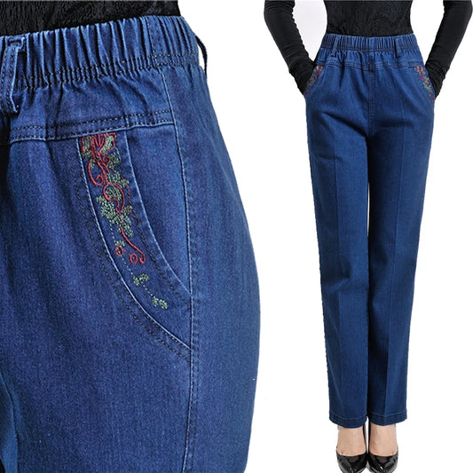 Jeans pour femmes d'âge moyen Printemps Automne Taille haute Grande taille