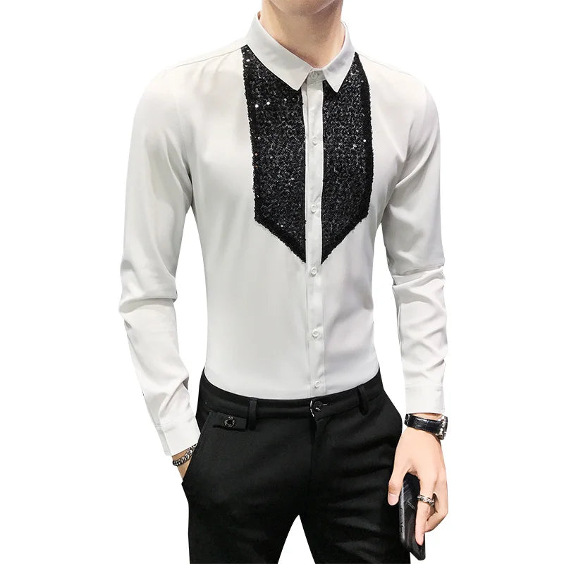 Paillettes chemises de smoking hommes à manches longues Camisa Masculina noir blanc
