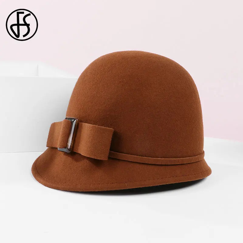 Chapeau cloche en feutre de laine noir pour femme FS avec nœud papillon et large bord melon Fedoras