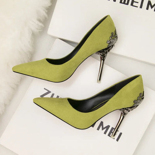Carved Metal Heels Wedding Elegant Women Pumps Solid Flock/PU LADYLYS