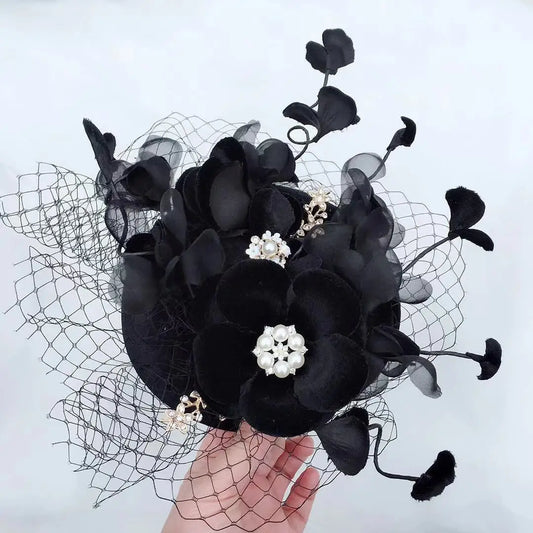 Mingli Tengda – chapeau de mariée noir en flanelle, fleur, décoration de cheveux pour Banquet, Bonnet en perles