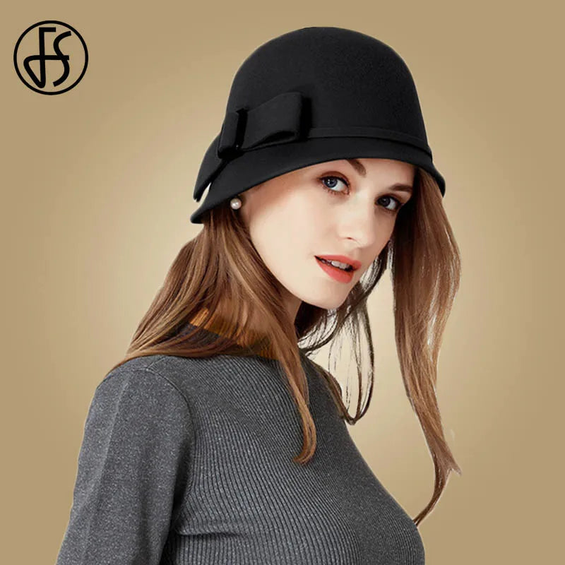 Chapeau cloche en feutre de laine noir pour femme FS avec nœud papillon et large bord melon Fedoras