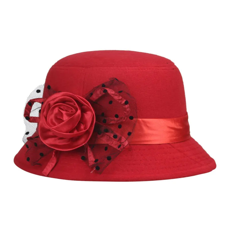 LNPBD Chapeaux couleur unie de plage rétro Vintage laine feutre melon Floral Fedora