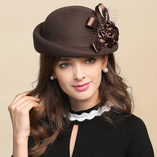 Chapeau Fedora en laine pour femme, chapeau en forme de dôme avec fleurs