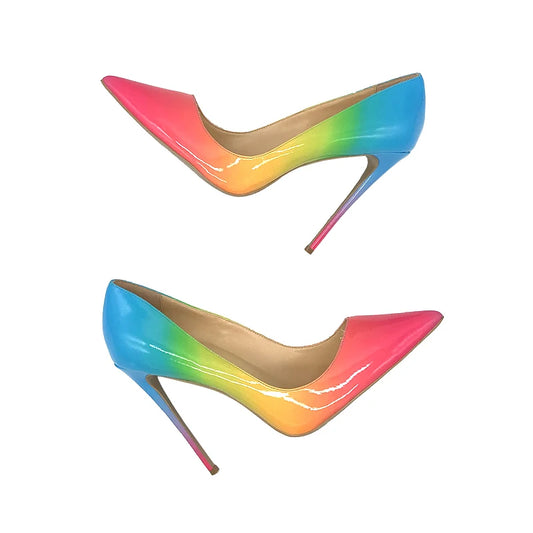 Escarpins à talons hauts et bout pointu pour femmes, chaussures sexy à talons aiguilles, rose, bleu, arc-en-ciel 12, 10 et 8 cm, grande taille