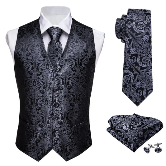 Ensemble Barry.Wang classique Noir Paisley Jacquard Floral Soie Gilet Gilets Mouchoir Cravate Gilet