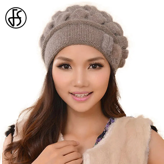 FS Fashion Bonnet en laine de lapin pour femme, bonnet thermique et chaud, double couche tricotée