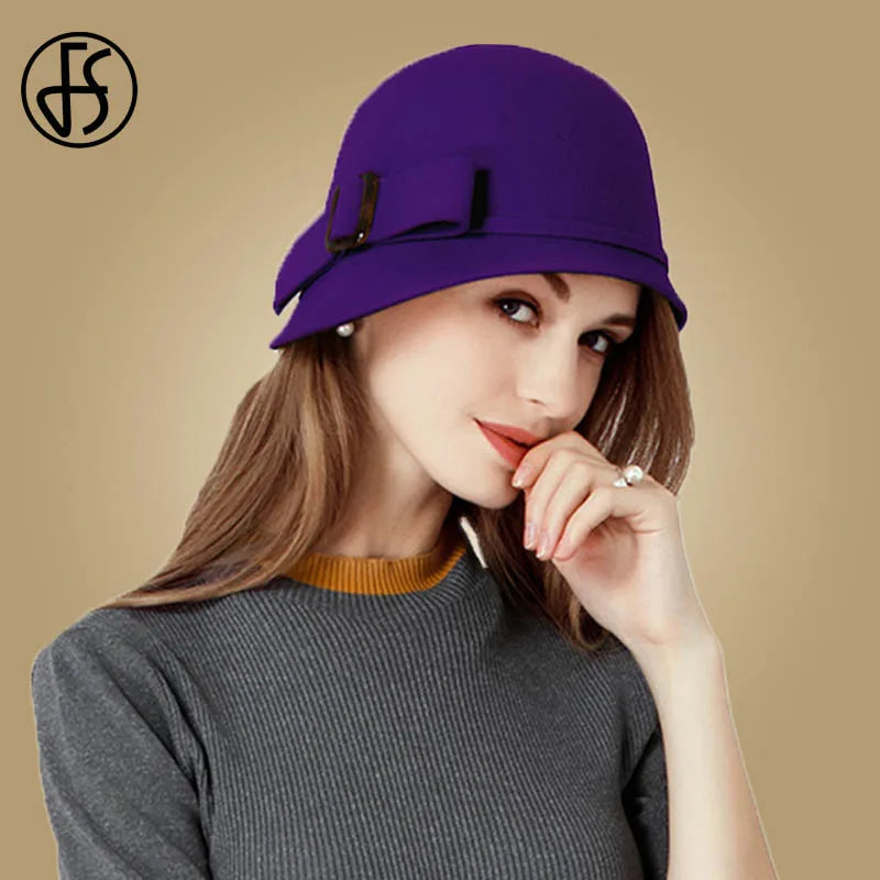 Chapeau cloche en feutre de laine noir pour femme FS avec nœud papillon et large bord melon Fedoras