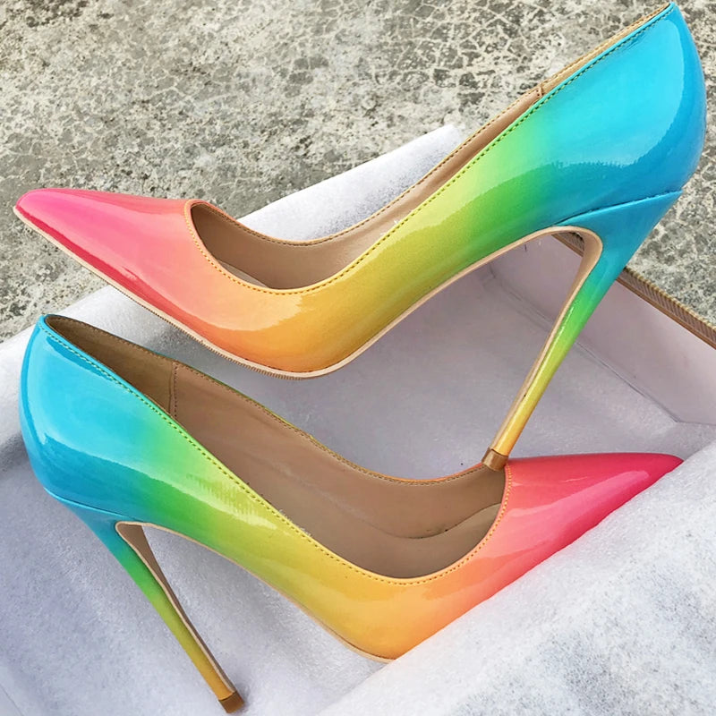 Escarpins à talons hauts et bout pointu pour femmes, chaussures sexy à talons aiguilles, rose, bleu, arc-en-ciel 12, 10 et 8 cm, grande taille