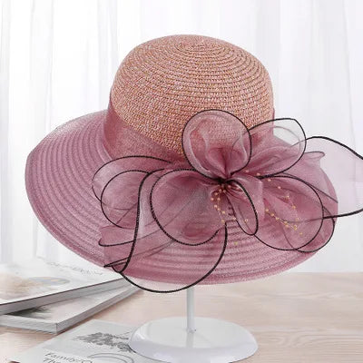 Chapeau de soleil élégant à large bord, seau à fleurs en soie