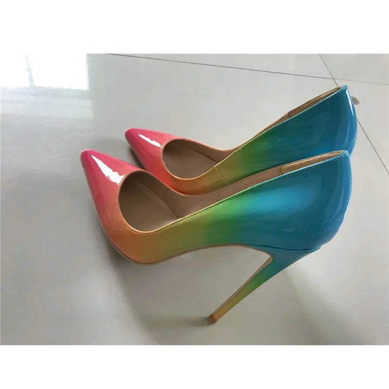 Escarpins à talons hauts et bout pointu pour femmes, chaussures sexy à talons aiguilles, rose, bleu, arc-en-ciel 12, 10 et 8 cm, grande taille