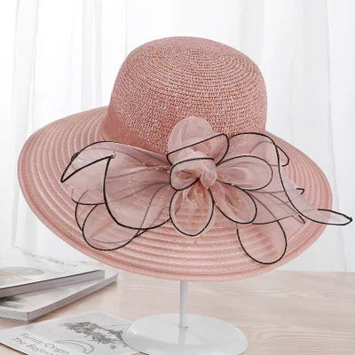 Chapeau de soleil élégant à large bord, seau à fleurs en soie