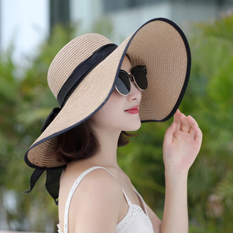 Dames élégantes chapeaux d'été, chapeaux de paille pliable Bow