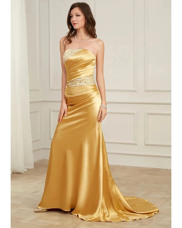 Robe de soirée élégante en satin doré à manches longues et perles