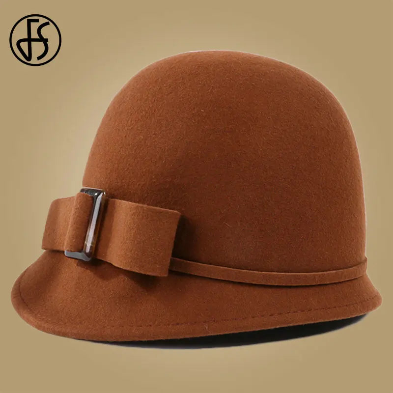 Chapeau cloche en feutre de laine noir pour femme FS avec nœud papillon et large bord melon Fedoras