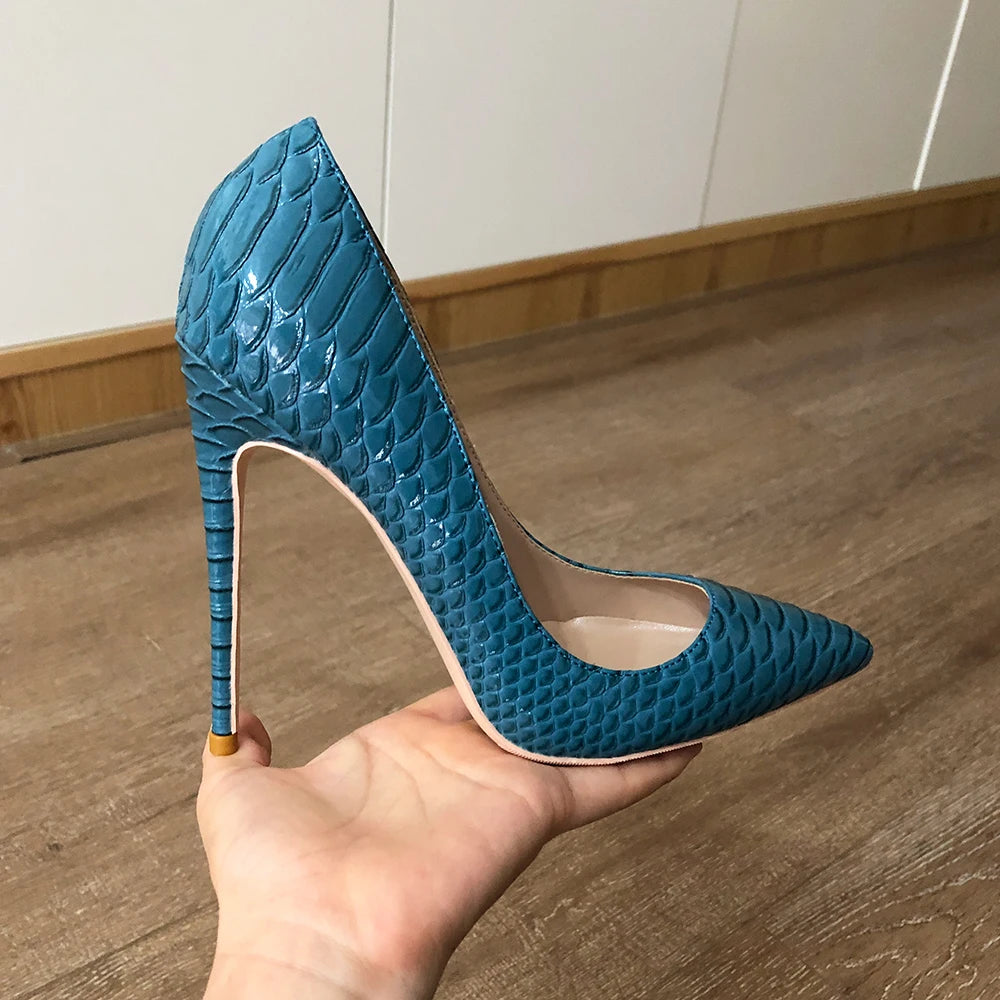 Veowalk bleu effet croco femmes bout pointu escarpins aiguilles Sexy 8 cm 10 cm 12 cm