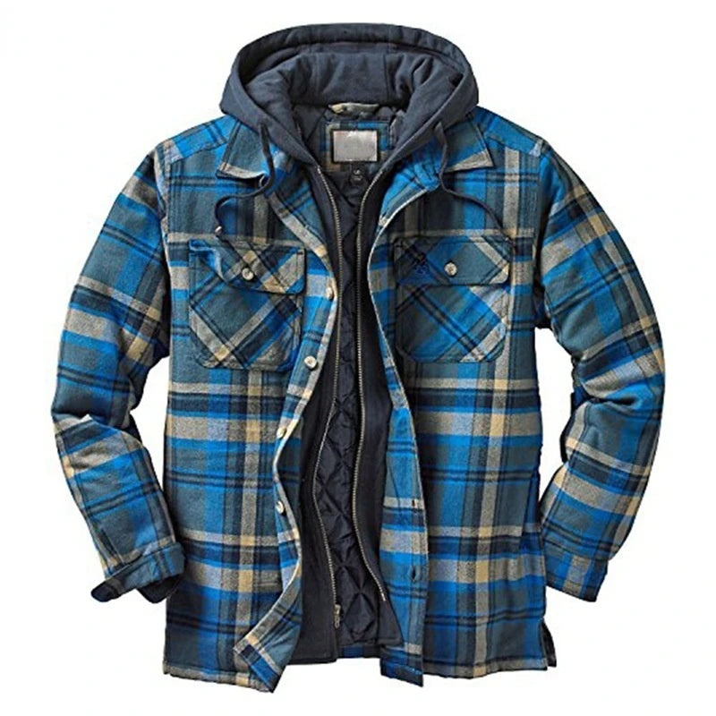 Veste chemise polaire matelassée à capuche pour homme, vestes boutonnées à carreaux à manches longues