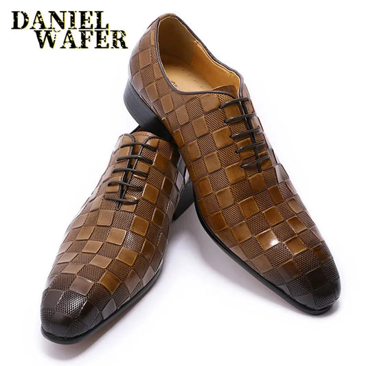 Chaussures Daniel Wafer en cuir italien de luxe hommes mode Plaid imprimé à lacets