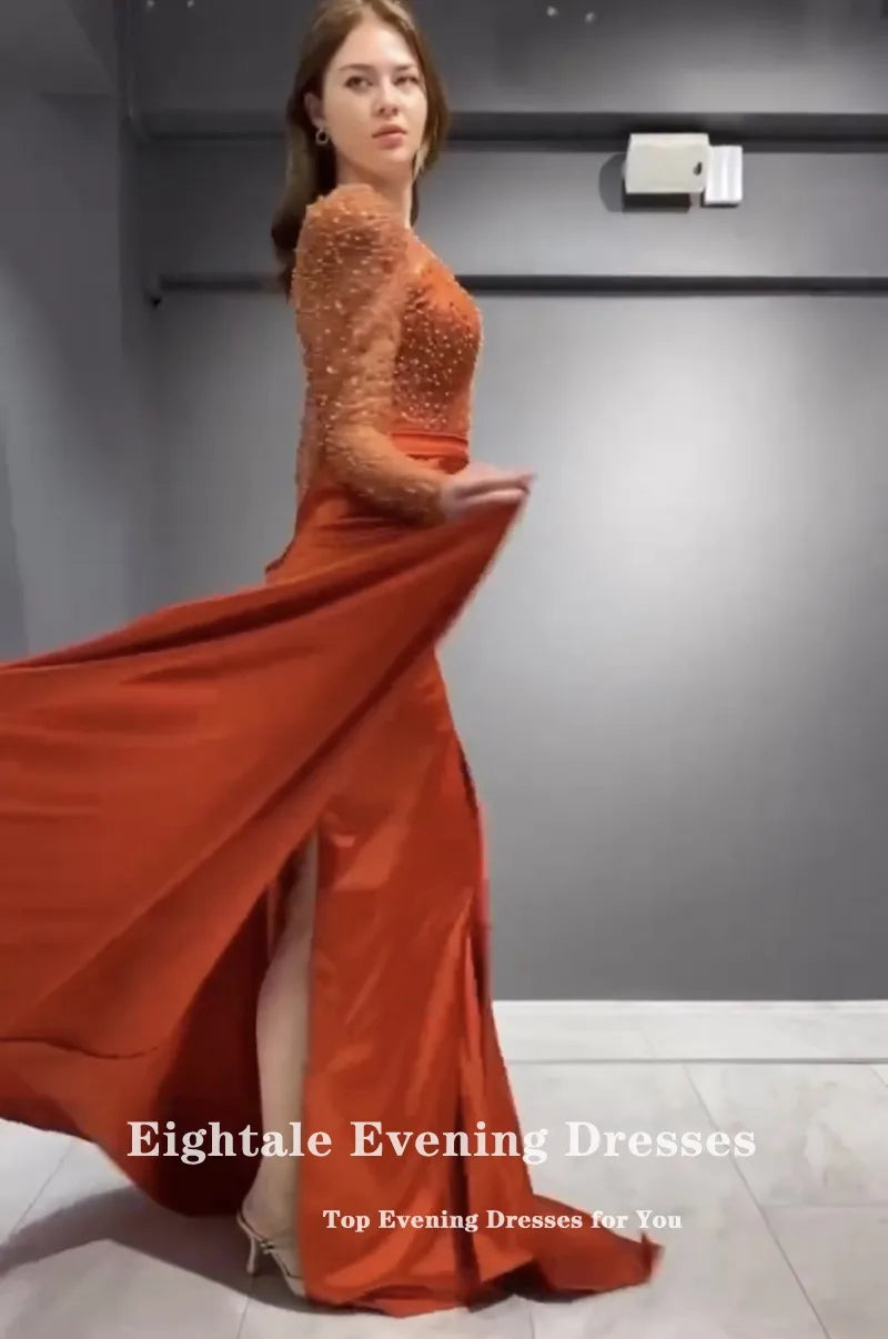 Robe de soirée scintillante Eightale Orange Rouge Brillant Luxe Manches Longues Satin Sirène