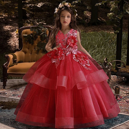 4-12 ans filles robe fille fleur fille moelleux gaze piano performance robe élégante