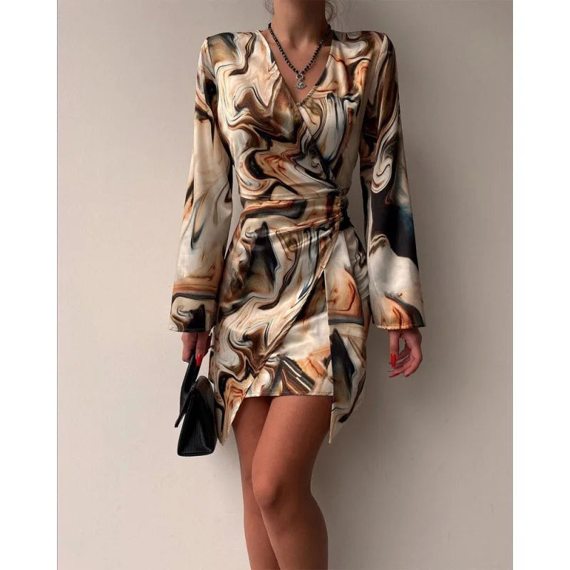 Long Sleeved Fashionable Printed Pleated Dress Sexy V-neck Irregular Casual Short Dress