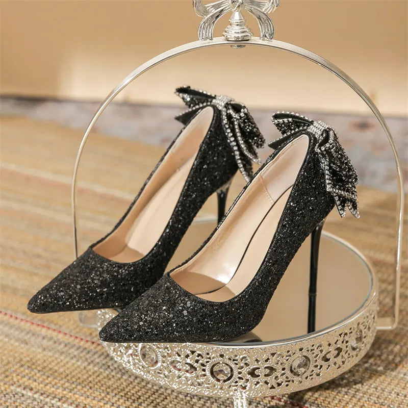 Escarpins à nœud papillon pour femmes, chaussures de fête de mariage à paillettes argentées, de luxe