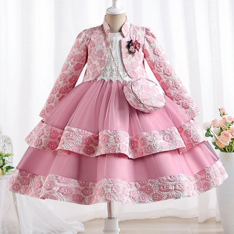 Robe de princesse pour filles, 3 pièces, magnifique broderie, manches longues, moelleuse