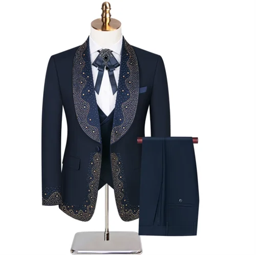 (Veste + Pantalon + Gilet) Costume de mariage de luxe pour homme à la mode noir / blanc / bleu style britannique Gentleman