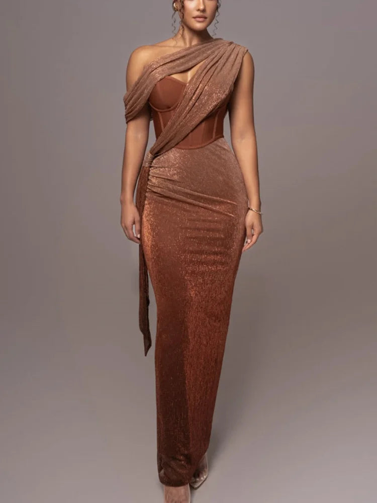 Robes de soirée pour femmes Sexy marron une épaule longue moulante robe bandage