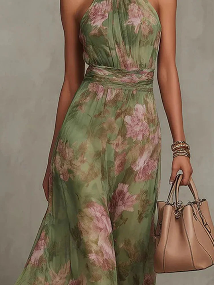 Sleeveless High Neck Ruched Waist Chiffon Flowy Evening Party Dress LADYLYS